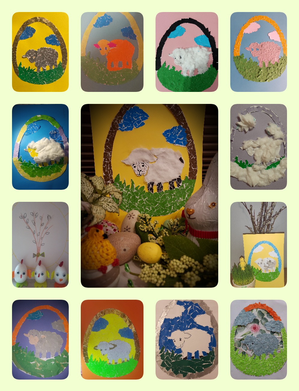 Kolaże wykonane z prac uczniów klasy I B, przedstawiających wielkanocnego baranka w ramce w kształcie jajka.